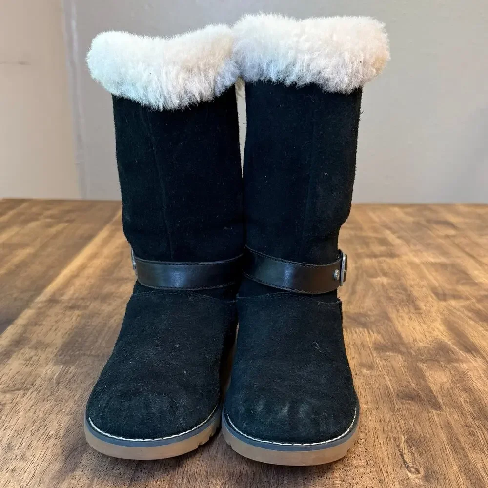 UGG Australia Boots Nessa Shearling Lined Black Suede Mid Calf Zip Up US 3 EU 35